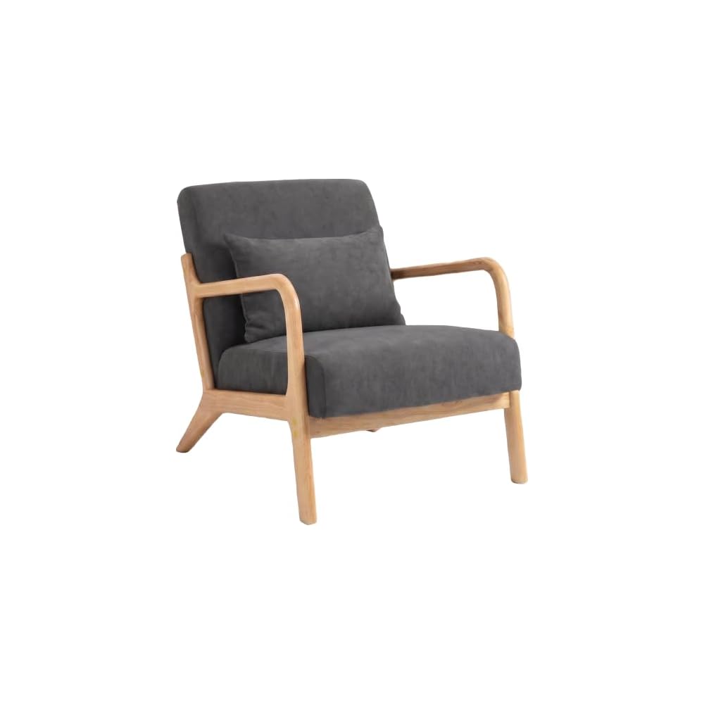 Komene Mid Century Modern Accent Chair, Sitting Chair, with Solid Wood Frame, Upholstered Living Room Lounge Armchair with Waist Cushion, Comfy Reading Chair for Bedroom Sunroom Office,Charcoal Grey