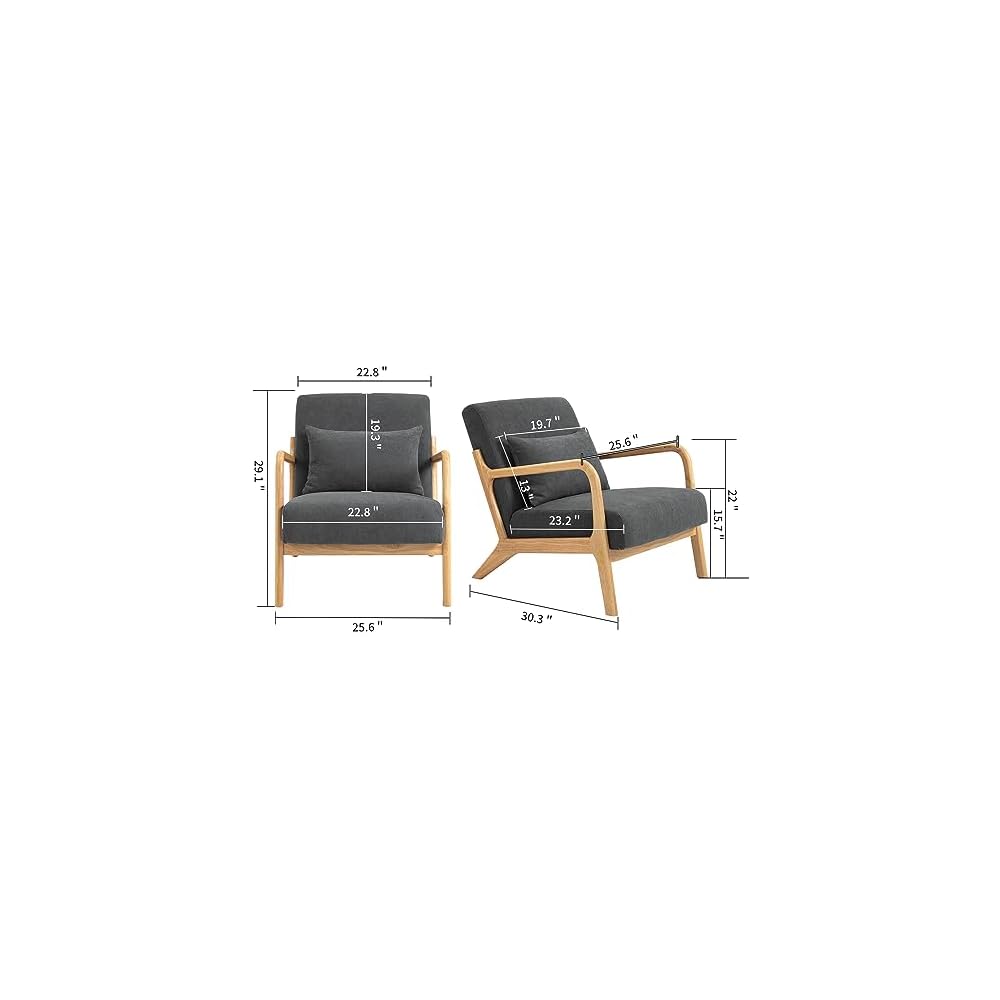 Komene Mid Century Modern Accent Chair, Sitting Chair, with Solid Wood Frame, Upholstered Living Room Lounge Armchair with Waist Cushion, Comfy Reading Chair for Bedroom Sunroom Office,Charcoal Grey