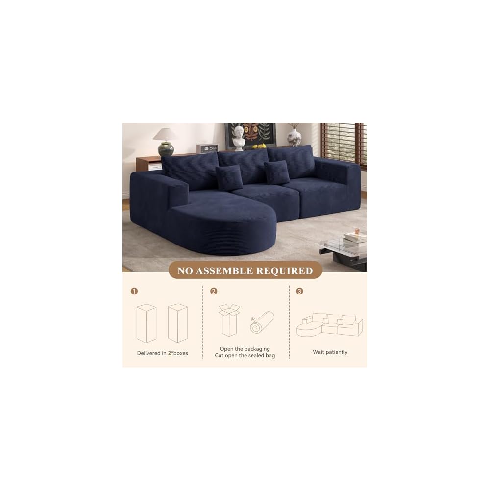 L-Shaped Boneless Couch,104" Couches for Living Room with Curved Chaise,Modular Sectional Sofa with Deep Seat,Modern Cozy Cloud Compression Sofas,No Assembly Required(Blue) 1PCS