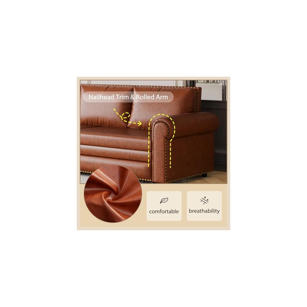 93.7" King Pull Out Chesterfield Sofa Bed 3-in-1 Faux Leather Convertible Sleeper with Nailhead Trim & Rolled Arm Multi-Functional Folding Sofa Bed for Living Room Small Space Furniture Light Brown