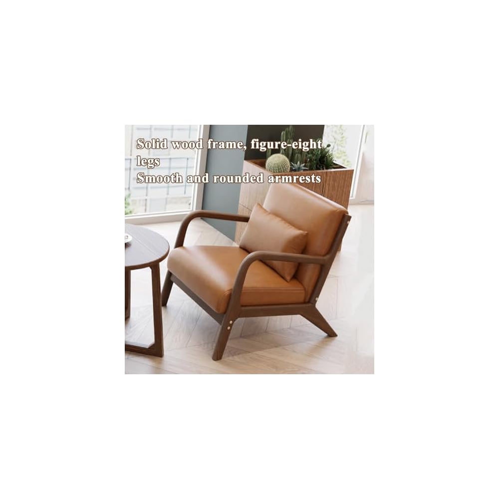 Accent Chair with Ottoman,Mid Century Lounge Chair with Lumbar Pillows,Leather Armchair for Reading,Solid Wood Frame,Upholstered Single Sofa Chairs(Earthy Yellow)