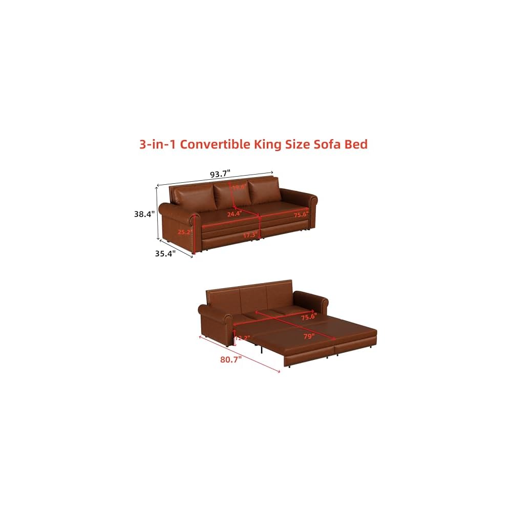 93.7" King Pull Out Chesterfield Sofa Bed 3-in-1 Faux Leather Convertible Sleeper with Nailhead Trim & Rolled Arm Multi-Functional Folding Sofa Bed for Living Room Small Space Furniture Light Brown