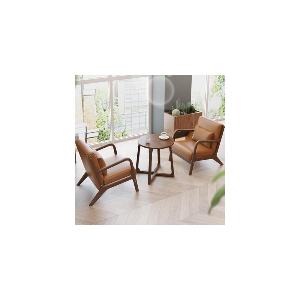Accent Chair with Ottoman,Mid Century Lounge Chair with Lumbar Pillows,Leather Armchair for Reading,Solid Wood Frame,Upholstered Single Sofa Chairs(Earthy Yellow)
