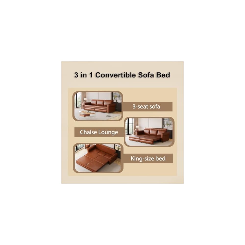 93.7" King Pull Out Chesterfield Sofa Bed 3-in-1 Faux Leather Convertible Sleeper with Nailhead Trim & Rolled Arm Multi-Functional Folding Sofa Bed for Living Room Small Space Furniture Light Brown