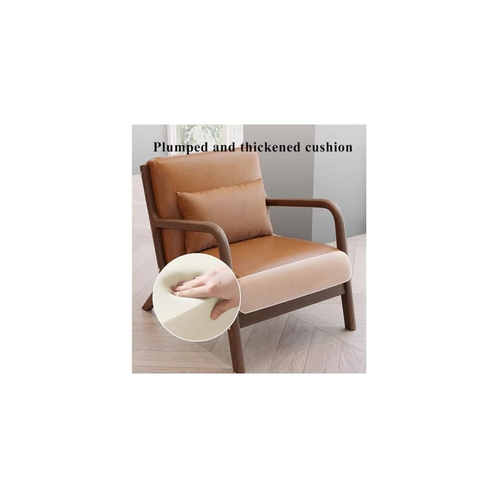 Accent Chair with Ottoman,Mid Century Lounge Chair with Lumbar Pillows,Leather Armchair for Reading,Solid Wood Frame,Upholstered Single Sofa Chairs(Earthy Yellow)