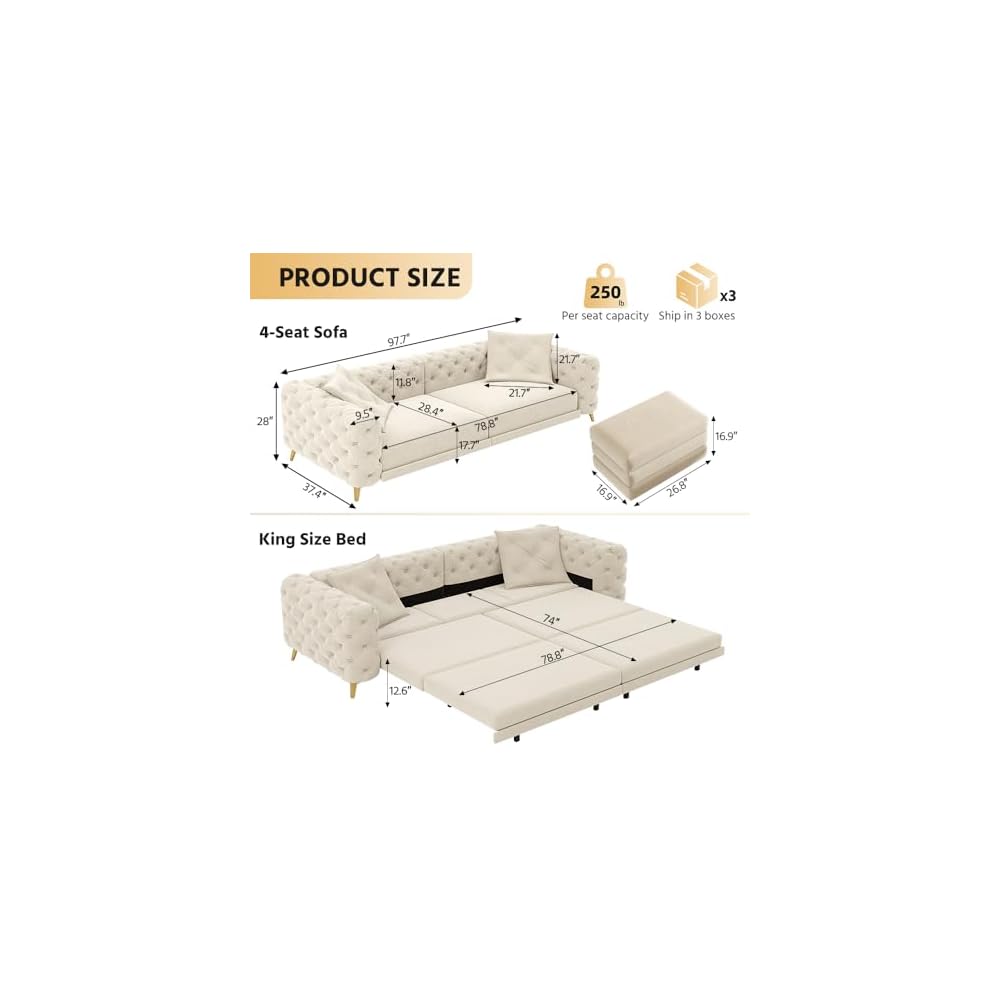 KEIKI 97.7" Convertible Sleeper Sofa Bed, 3 in 1 Pull Out Sofa Bed, Button Tufted Modern Sofa, 4-Seater Couch with Movable Ottoman for Living Room, Bedroom, Apartment, Beige