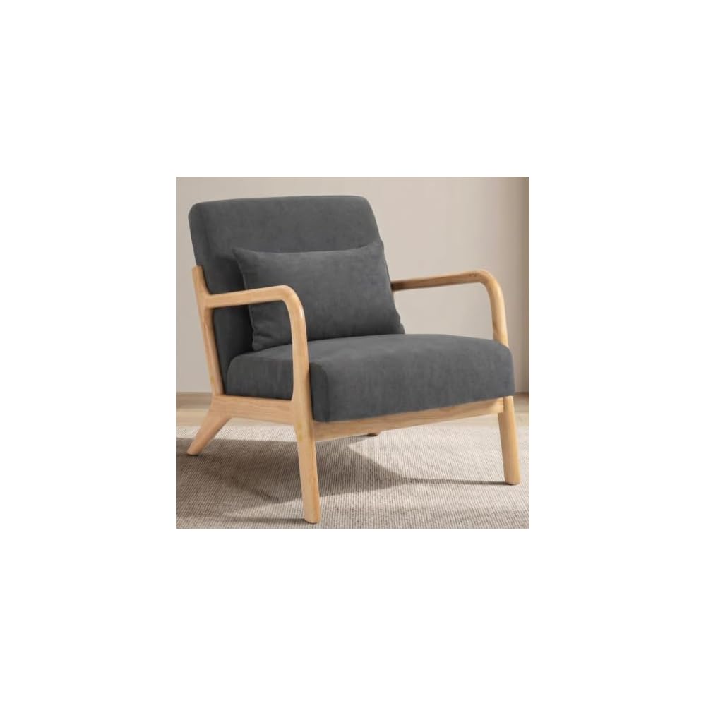 Komene Mid Century Modern Accent Chair, Sitting Chair, with Solid Wood Frame, Upholstered Living Room Lounge Armchair with Waist Cushion, Comfy Reading Chair for Bedroom Sunroom Office,Charcoal Grey
