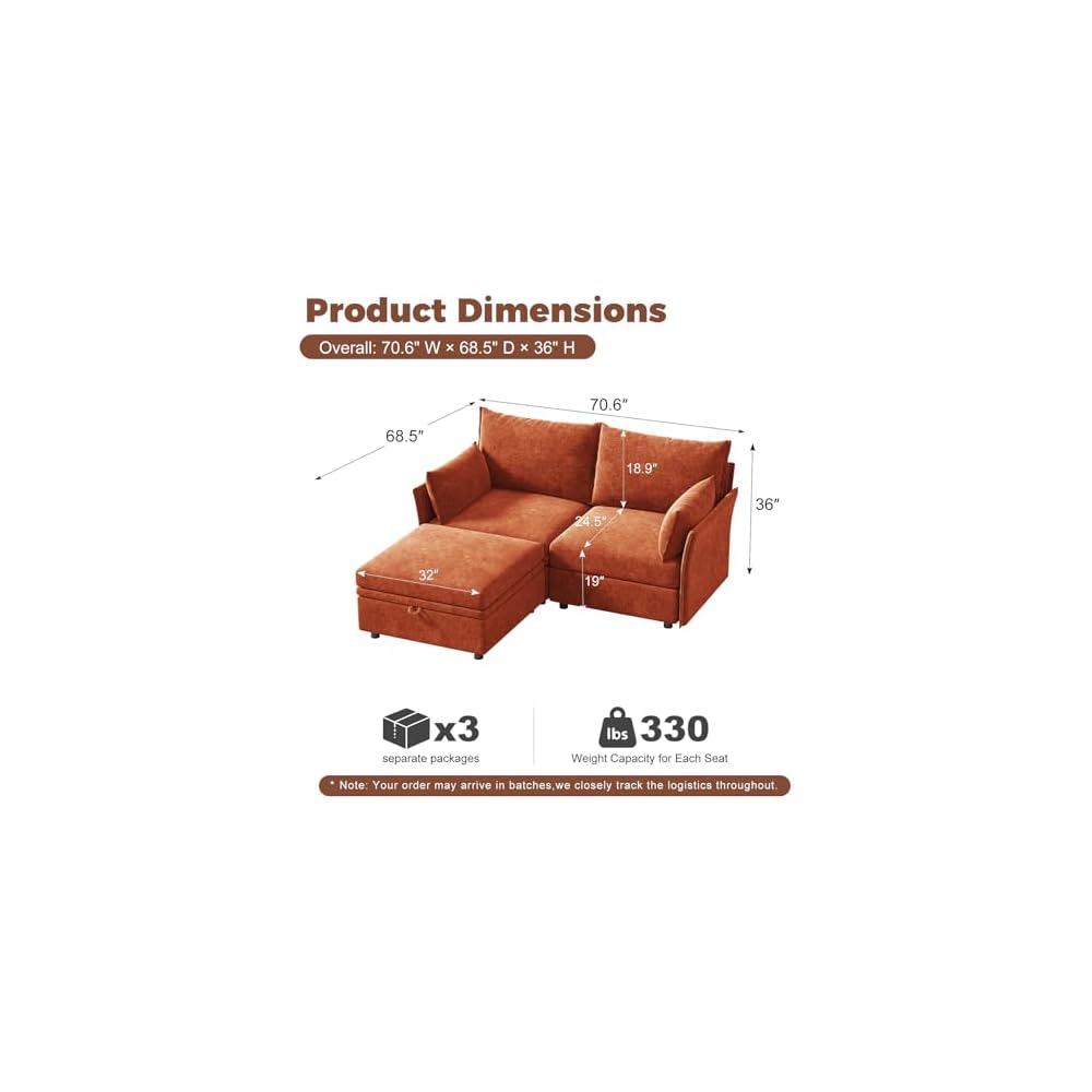 ABCASA Luxury Modular Sectional Sofa Terracotta Orange, L-Shaped 3-Seat Couch with Storage Ottoman Deep Seat Chenille & Reversible Chaise Lounge