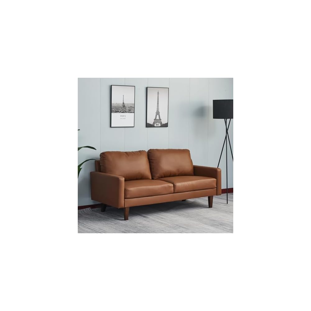 Hybition Faux Leather Sofa Mid-Century Modern Couch with Wooden Legs for Living Room, Office, Brown