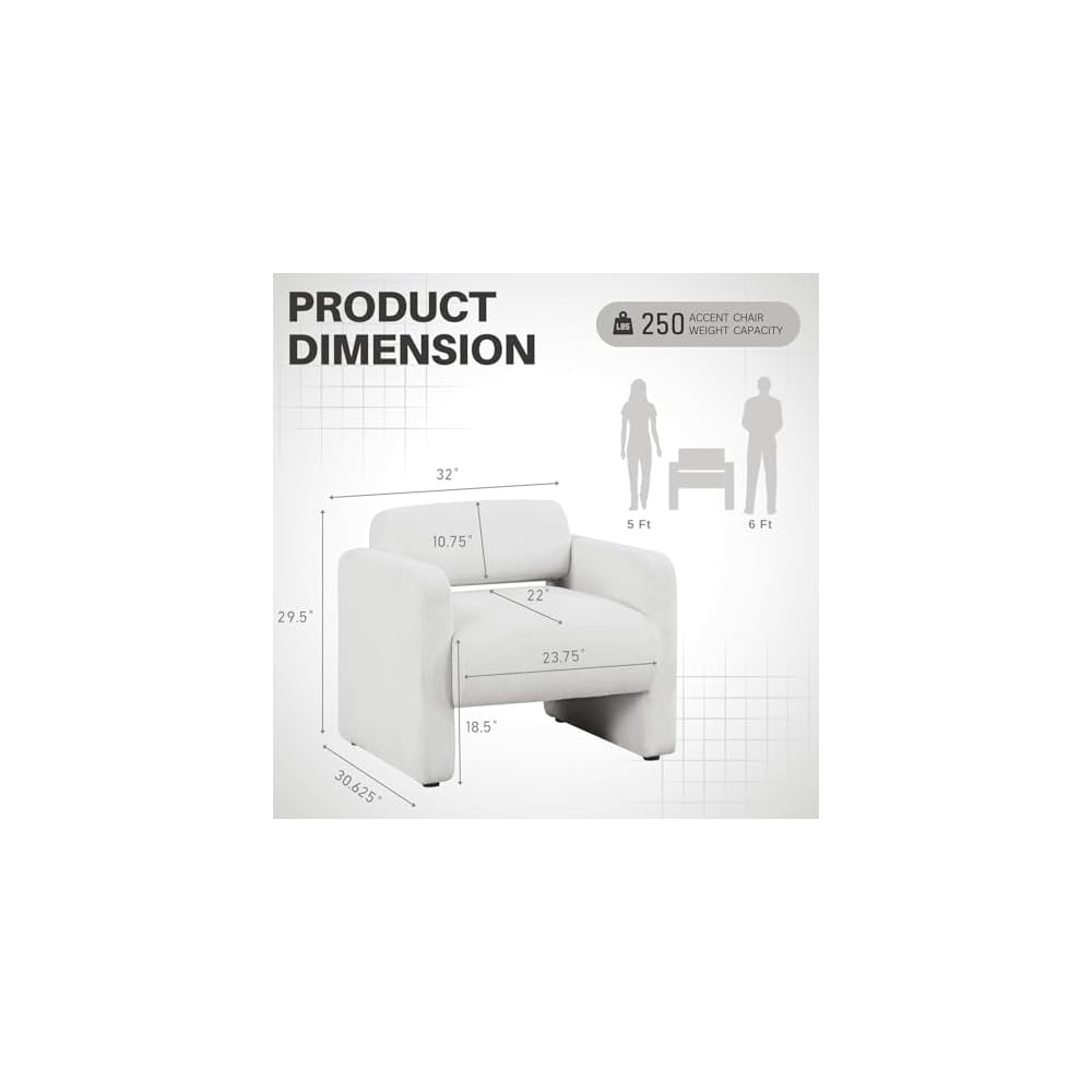 HOMES: Inside + Out Solene Modern Boucle Fabric Accent Chair with Arms, Contemporary Armchair, Upholstered Single Sofa Chair for Living Room, Bedroom, Office, White