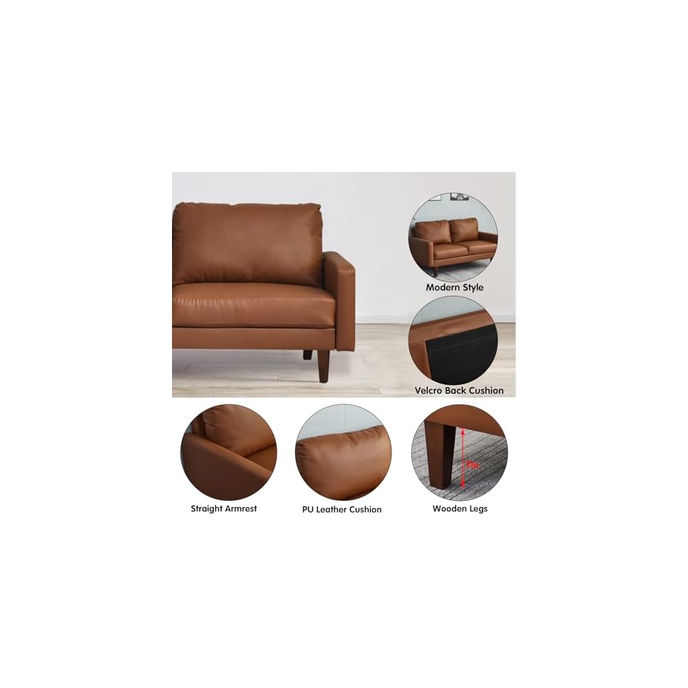 Hybition Faux Leather Sofa Mid-Century Modern Couch with Wooden Legs for Living Room, Office, Brown