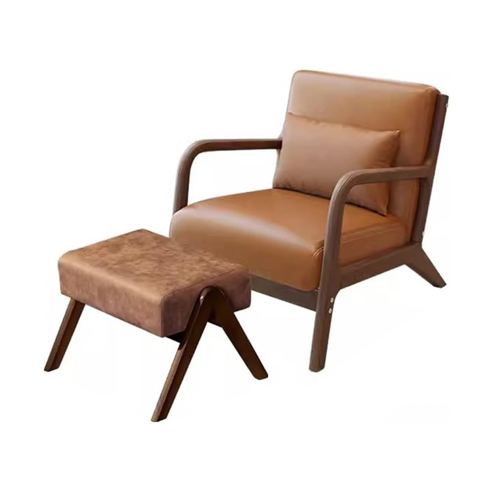 Accent Chair with Ottoman,Mid Century Lounge Chair with Lumbar Pillows,Leather Armchair for Reading,Solid Wood Frame,Upholstered Single Sofa Chairs(Earthy Yellow)