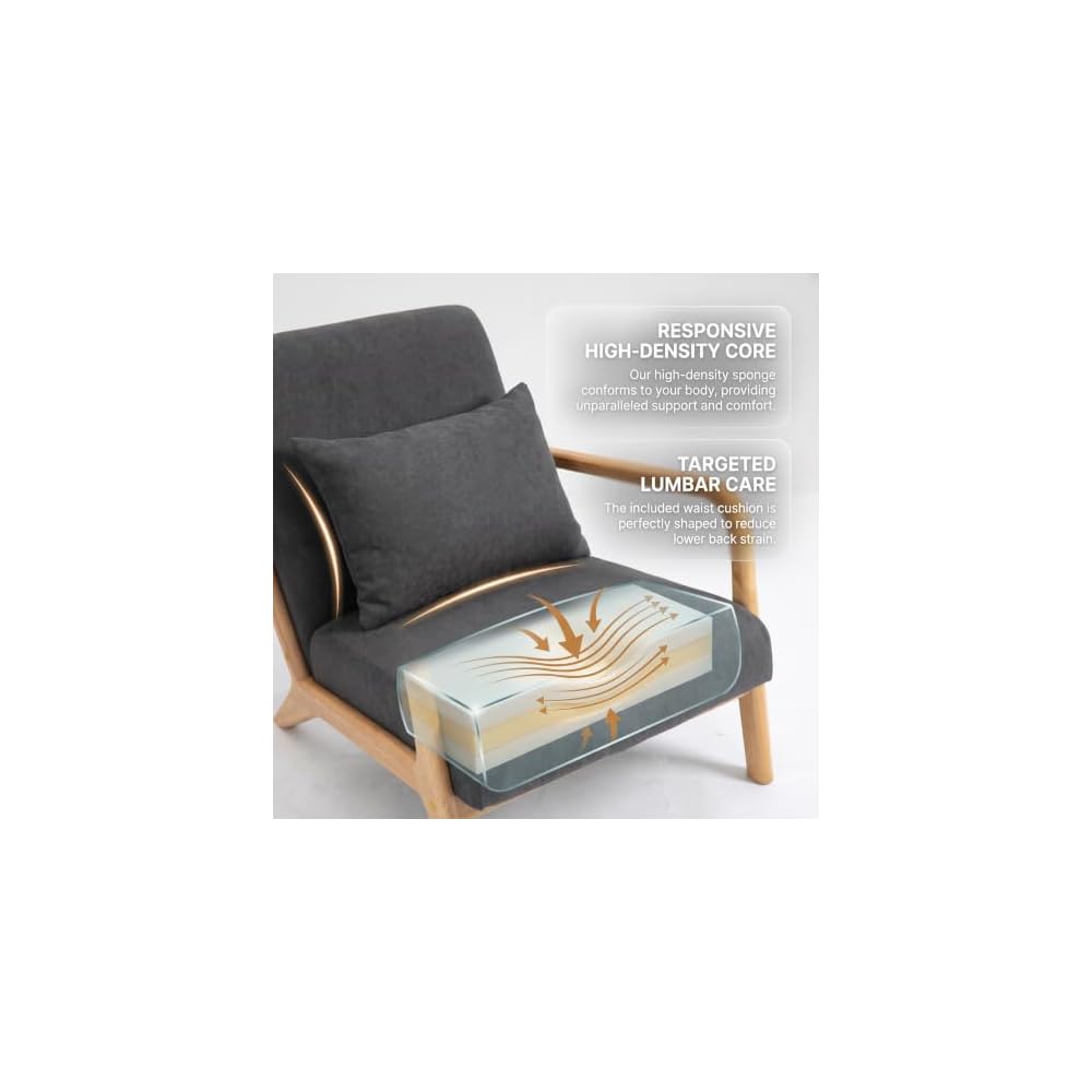 Komene Mid Century Modern Accent Chair, Sitting Chair, with Solid Wood Frame, Upholstered Living Room Lounge Armchair with Waist Cushion, Comfy Reading Chair for Bedroom Sunroom Office,Charcoal Grey