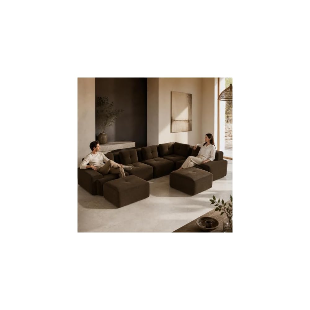 Brown Couch, Corduroy Couch, Boneless Modular Sectional Sofa Set, 6-Seat, Oversized Sectional Couches for Living Room, Modular Couch, Home Sofa Living Room with Deep Seat and Movable Ottoman