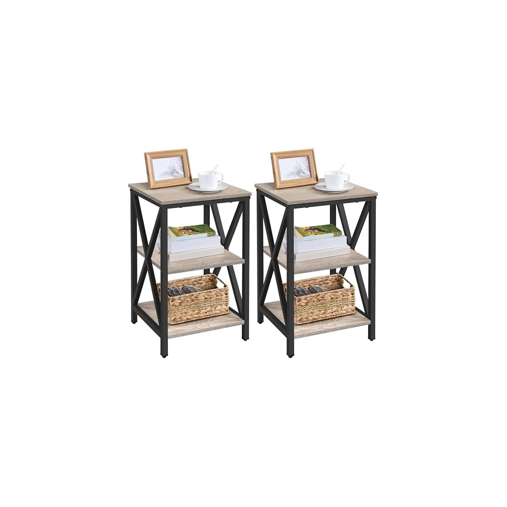 Yaheetech 3-Tier End Tables Living Room Set of 2, 16" Square Gray X-Frame