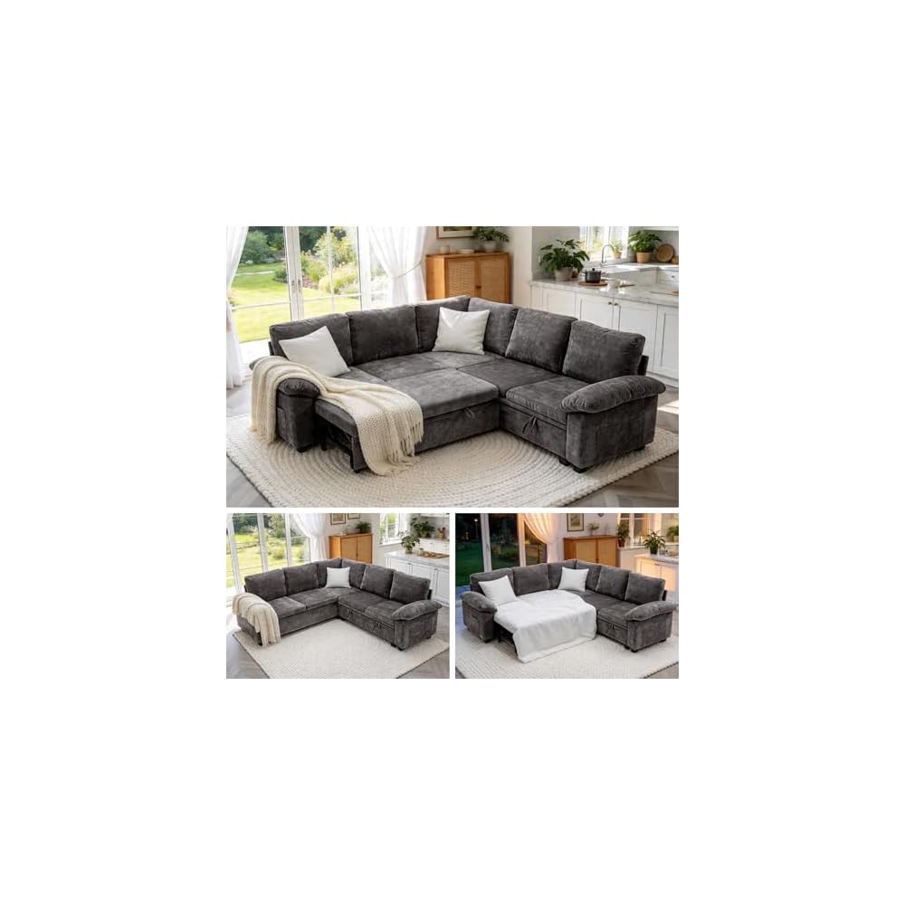 Sofa Bed, Sleeper Sofa with Pull Out Bed, L Shaped Modular Sectional Couch with Storage Ottoman, Modern Chenille Cloud Couch, Convertible Sofa Cama para Sala (Gray, 5-Seater)