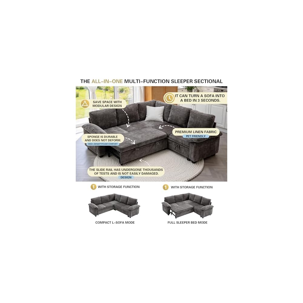 Sofa Bed, Sleeper Sofa with Pull Out Bed, L Shaped Modular Sectional Couch with Storage Ottoman, Modern Chenille Cloud Couch, Convertible Sofa Cama para Sala (Gray, 5-Seater)