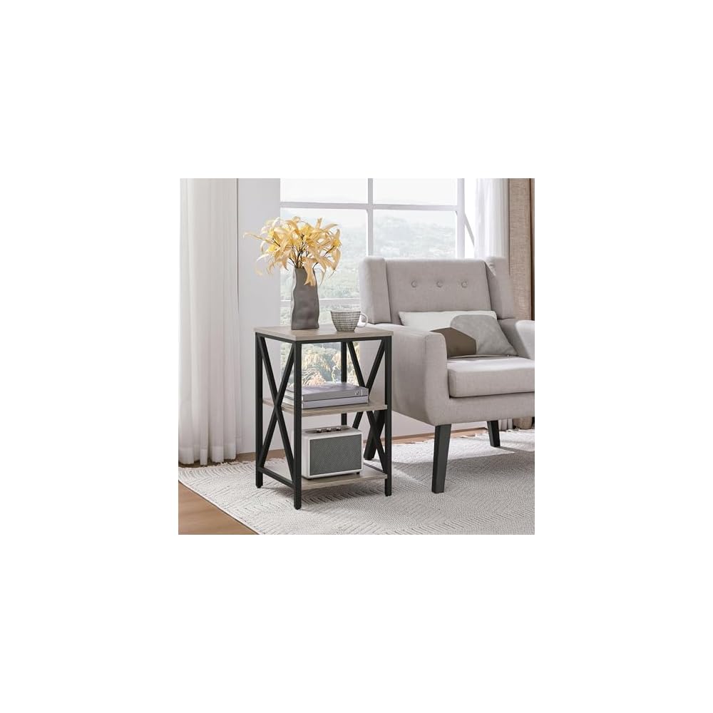 Yaheetech 3-Tier End Tables Living Room Set of 2, 16" Square Gray X-Frame