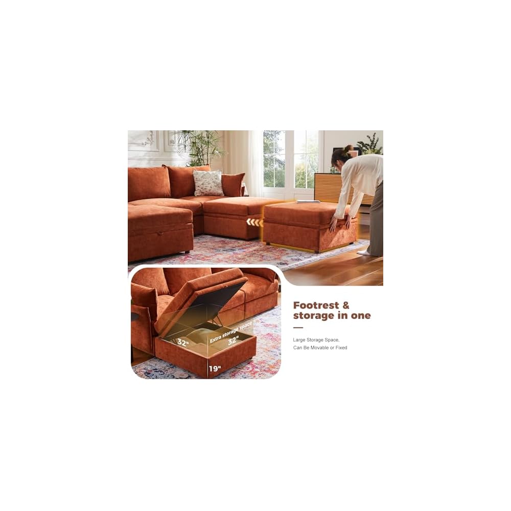 ABCASA Luxury Modular Sectional Sofa Terracotta Orange, L-Shaped 3-Seat Couch with Storage Ottoman Deep Seat Chenille & Reversible Chaise Lounge