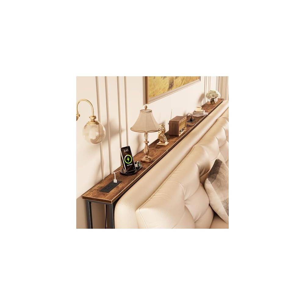 Huuger 118 Inch Sofa Table with Power Outlets, Skinny Behind Couch Table
