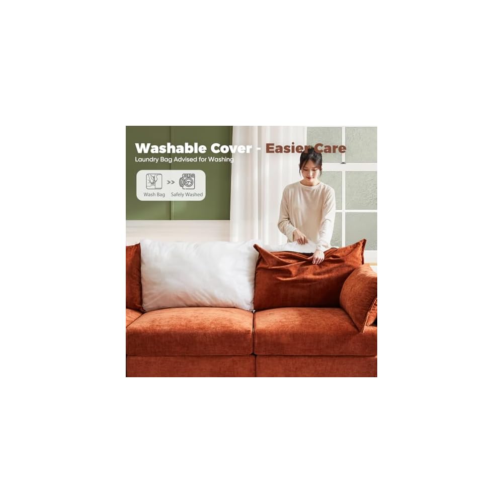 ABCASA Luxury Modular Sectional Sofa Terracotta Orange, L-Shaped 3-Seat Couch with Storage Ottoman Deep Seat Chenille & Reversible Chaise Lounge