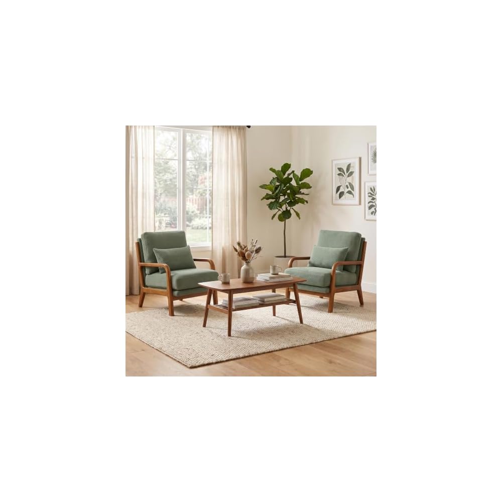 Komene Mid Century Modern Accent Chair, Sitting Chair, with Solid Wood Frame, Upholstered Living Room Lounge Armchair with Waist Cushion, Comfy Reading Chair for Bedroom Sunroom Office,Charcoal Grey