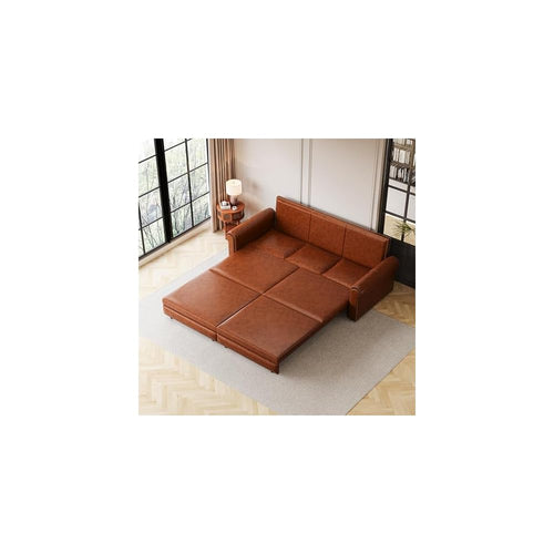 93.7" King Pull Out Chesterfield Sofa Bed 3-in-1 Faux Leather Convertible Sleeper with Nailhead Trim & Rolled Arm Multi-Functional Folding Sofa Bed for Living Room Small Space Furniture Light Brown