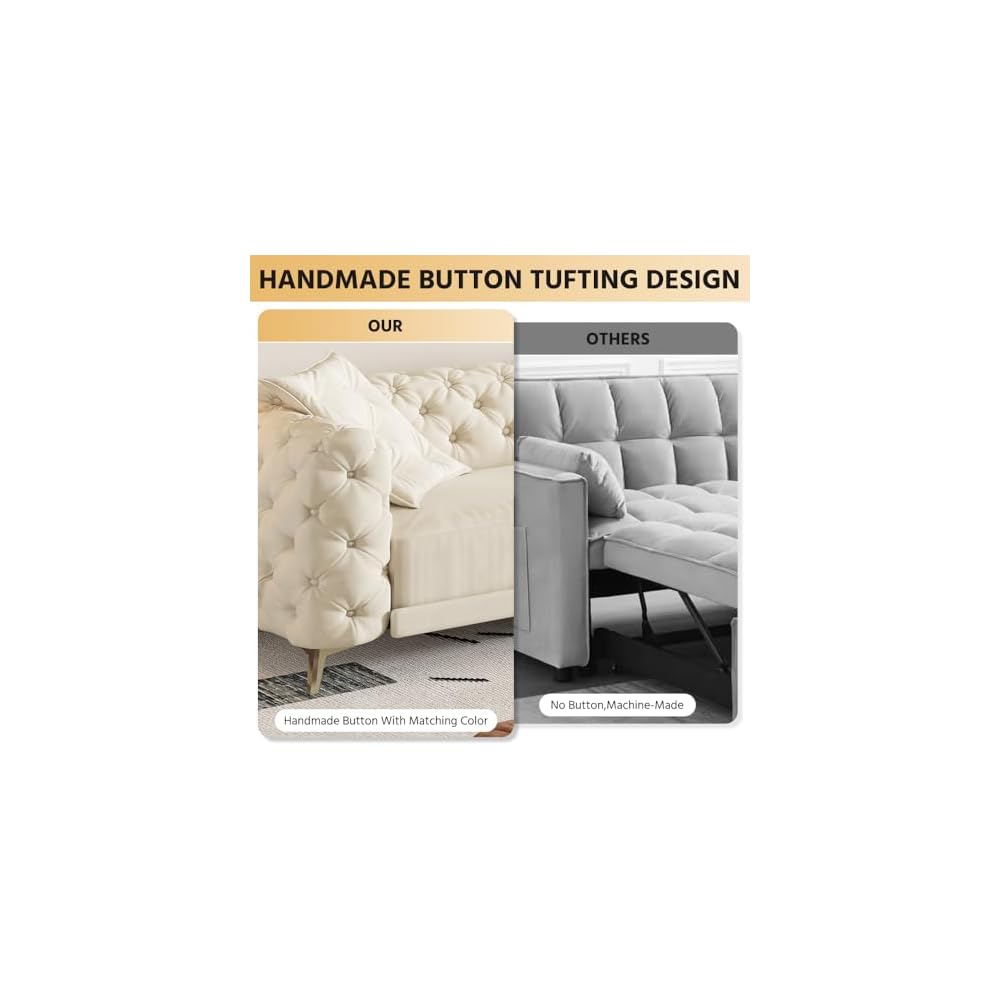 KEIKI 97.7" Convertible Sleeper Sofa Bed, 3 in 1 Pull Out Sofa Bed, Button Tufted Modern Sofa, 4-Seater Couch with Movable Ottoman for Living Room, Bedroom, Apartment, Beige