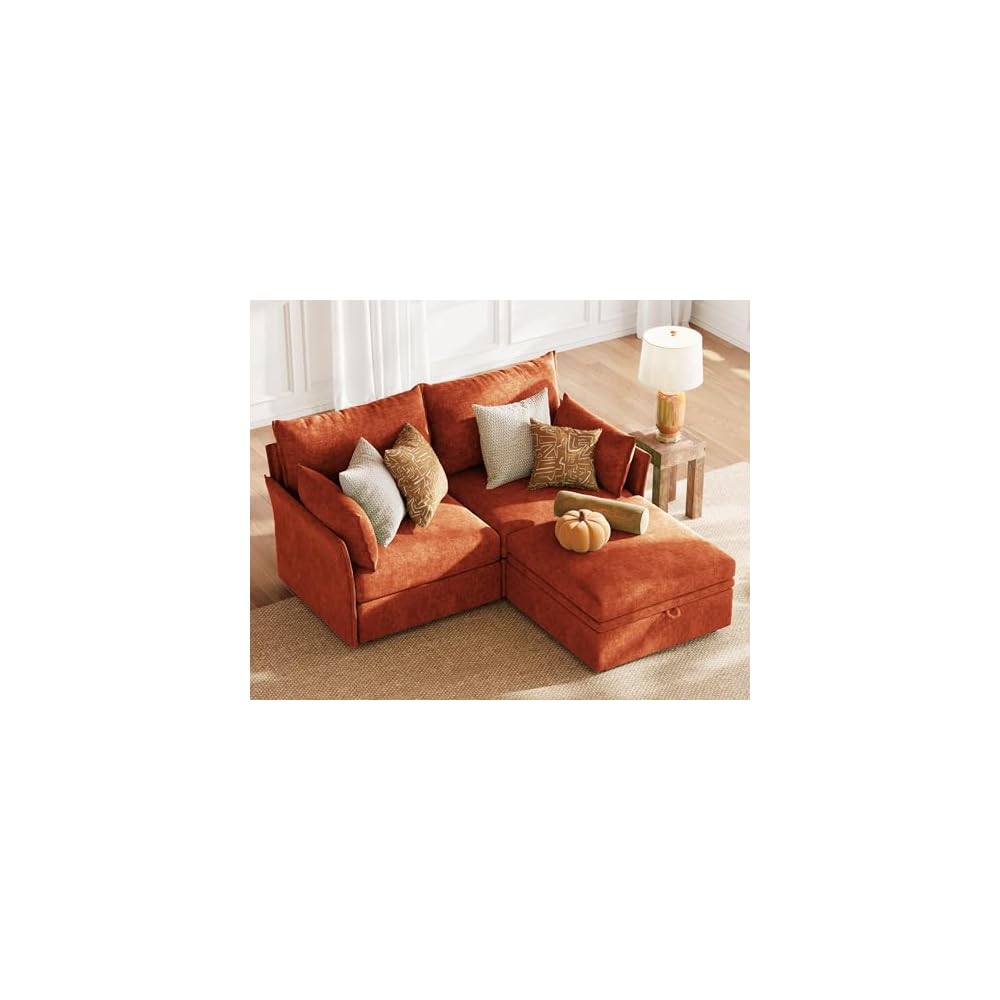 ABCASA Luxury Modular Sectional Sofa Terracotta Orange, L-Shaped 3-Seat Couch with Storage Ottoman Deep Seat Chenille & Reversible Chaise Lounge
