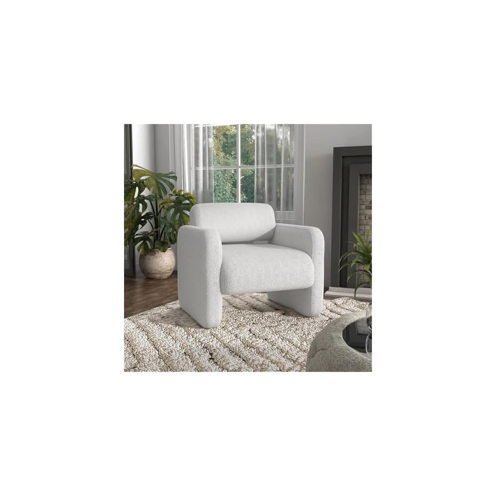 HOMES: Inside + Out Solene Modern Boucle Fabric Accent Chair with Arms, Contemporary Armchair, Upholstered Single Sofa Chair for Living Room, Bedroom, Office, White
