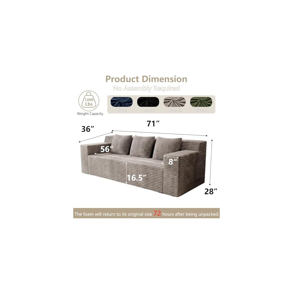 71" Loveseat Sofa Cloud Couch, Deep Seat, Corduroy Fluffy Couch, Sectional Couches for Living Room, No Assembly Required (Camel, 3 Seater)