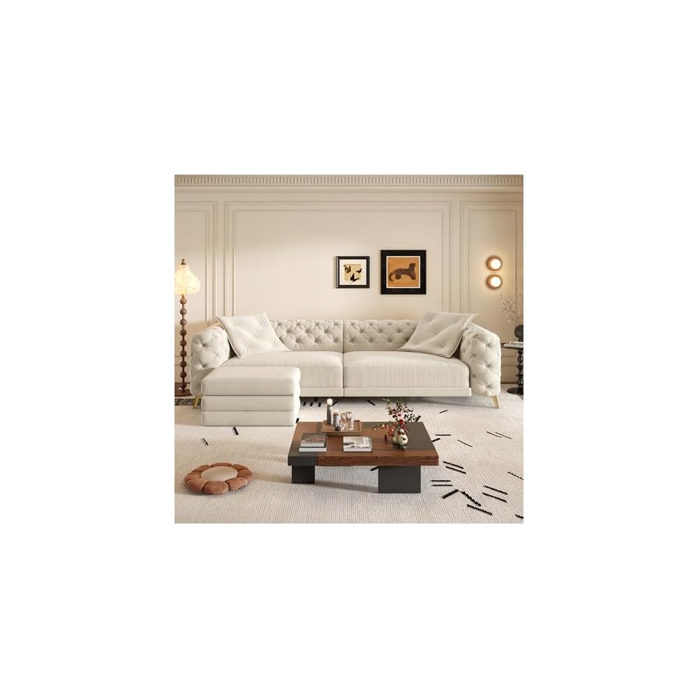 KEIKI 97.7" Convertible Sleeper Sofa Bed, 3 in 1 Pull Out Sofa Bed, Button Tufted Modern Sofa, 4-Seater Couch with Movable Ottoman for Living Room, Bedroom, Apartment, Beige