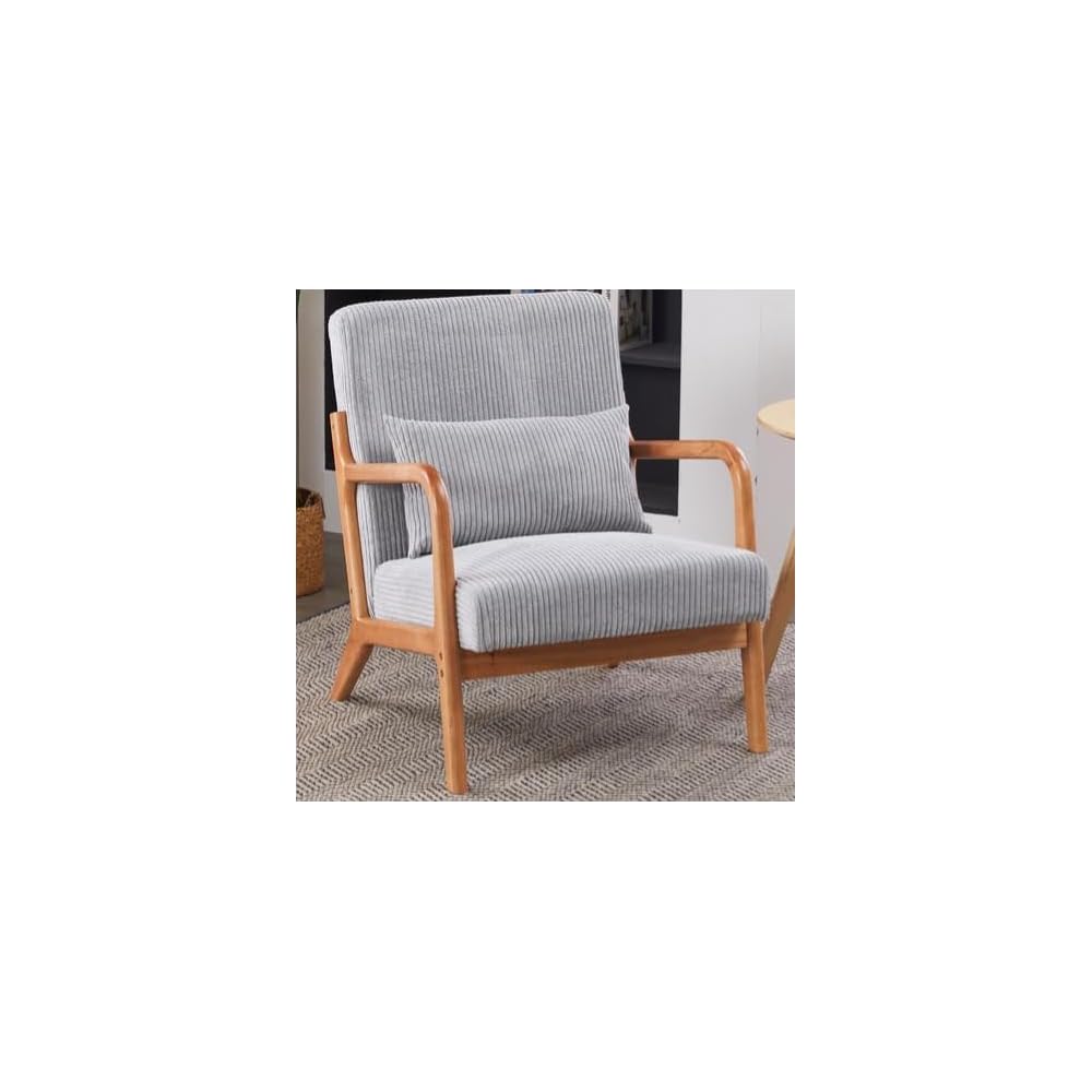 Komene Mid Century Modern Accent Chair, Sitting Chair, with Solid Wood Frame, Upholstered Living Room Lounge Armchair with Waist Cushion, Comfy Reading Chair for Bedroom Sunroom Office,Charcoal Grey
