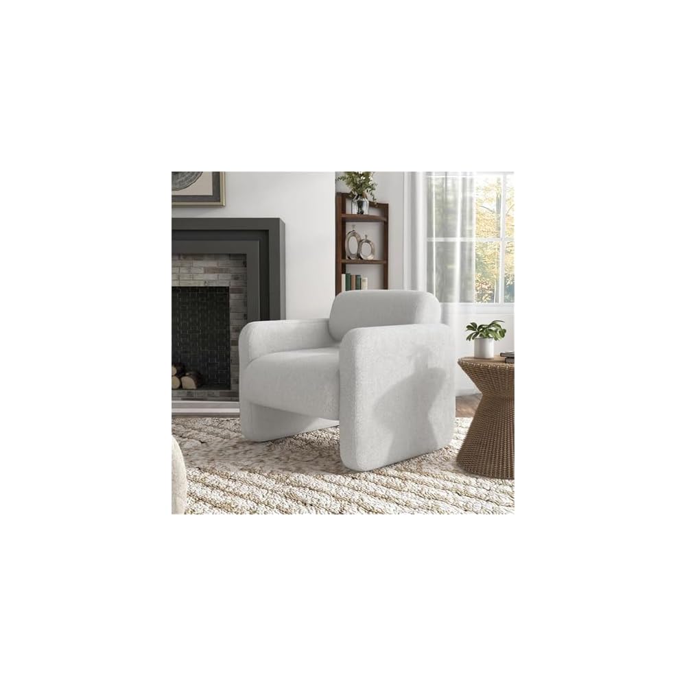 HOMES: Inside + Out Solene Modern Boucle Fabric Accent Chair with Arms, Contemporary Armchair, Upholstered Single Sofa Chair for Living Room, Bedroom, Office, White