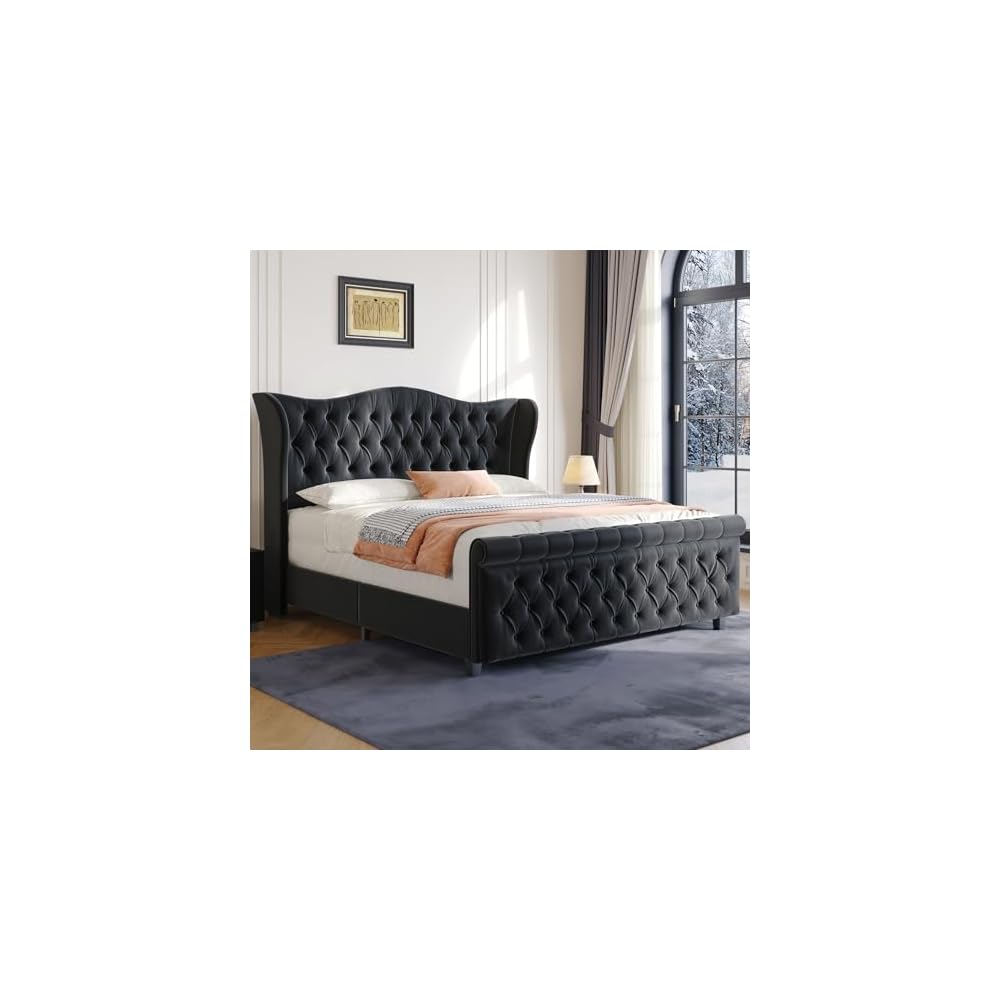 koorlian King Size Upholstered Sleigh Platform Bed Frame Wingback Headboard
