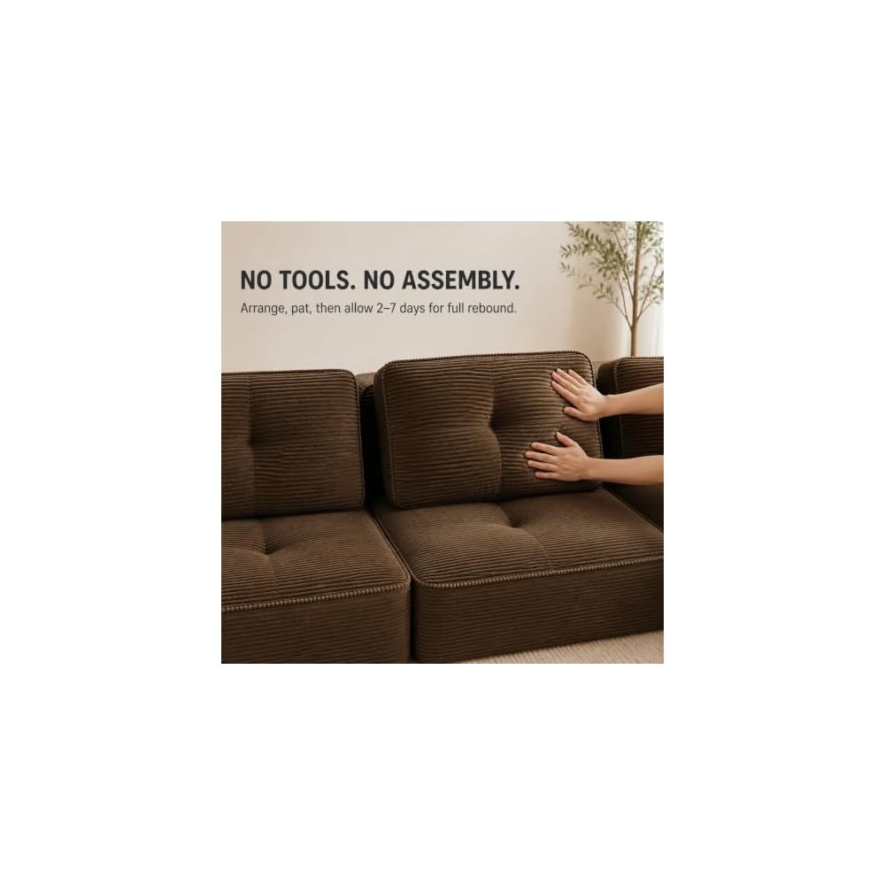 Brown Couch, Corduroy Couch, Boneless Modular Sectional Sofa Set, 6-Seat, Oversized Sectional Couches for Living Room, Modular Couch, Home Sofa Living Room with Deep Seat and Movable Ottoman