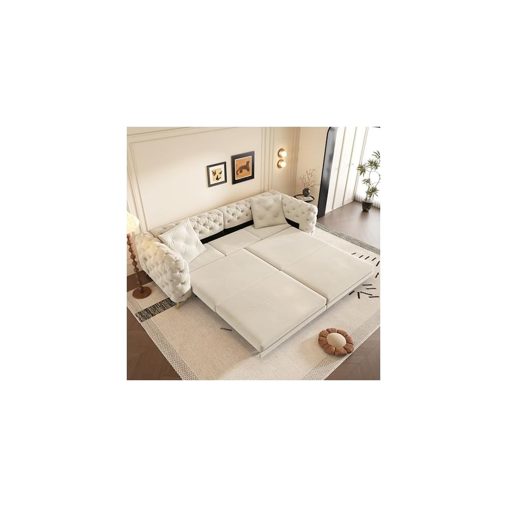 KEIKI 97.7" Convertible Sleeper Sofa Bed, 3 in 1 Pull Out Sofa Bed, Button Tufted Modern Sofa, 4-Seater Couch with Movable Ottoman for Living Room, Bedroom, Apartment, Beige