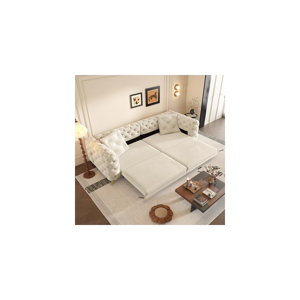 KEIKI 97.7" Convertible Sleeper Sofa Bed, 3 in 1 Pull Out Sofa Bed, Button Tufted Modern Sofa, 4-Seater Couch with Movable Ottoman for Living Room, Bedroom, Apartment, Beige