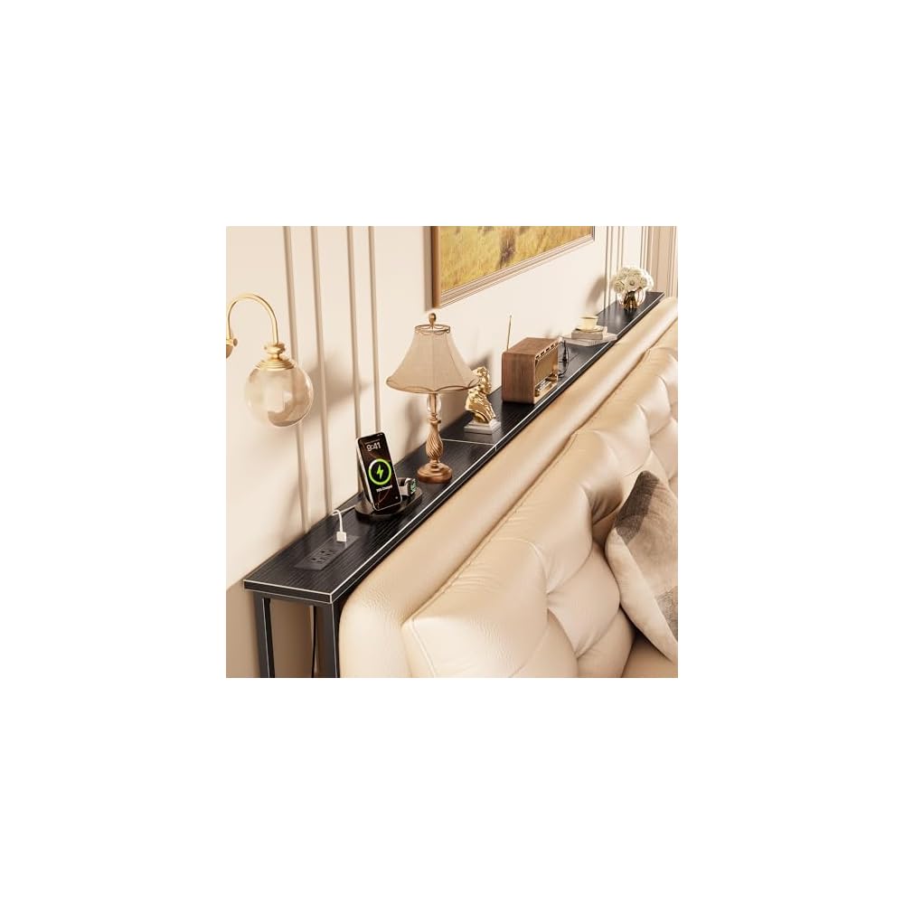 Huuger 118 Inch Sofa Table with Power Outlets, Skinny Behind Couch Table