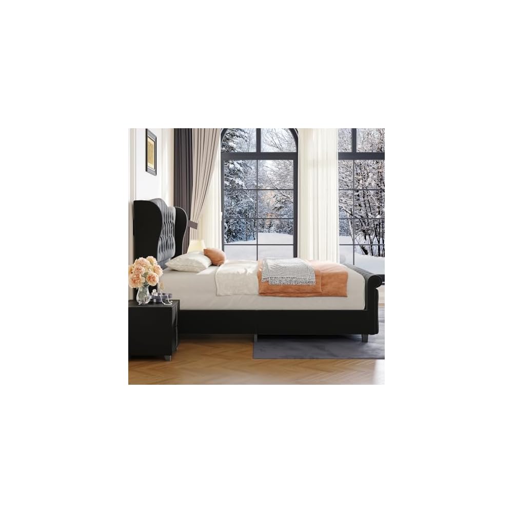 koorlian King Size Upholstered Sleigh Platform Bed Frame Wingback Headboard
