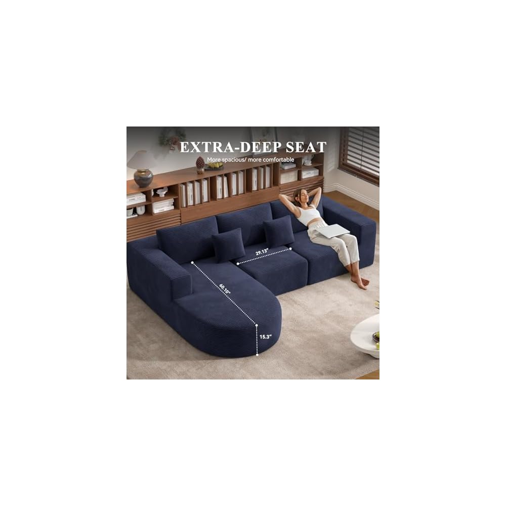 L-Shaped Boneless Couch,104" Couches for Living Room with Curved Chaise,Modular Sectional Sofa with Deep Seat,Modern Cozy Cloud Compression Sofas,No Assembly Required(Blue) 1PCS
