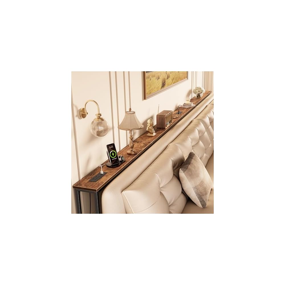 Huuger 118 Inch Sofa Table with Power Outlets, Skinny Behind Couch Table