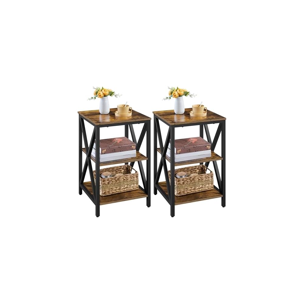 Yaheetech 3-Tier End Tables Living Room Set of 2, 16" Square Gray X-Frame