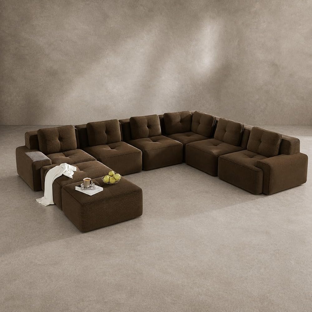 Brown Couch, Corduroy Couch, Boneless Modular Sectional Sofa Set, 6-Seat, Oversized Sectional Couches for Living Room, Modular Couch, Home Sofa Living Room with Deep Seat and Movable Ottoman