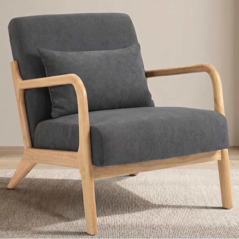 Komene Mid Century Modern Accent Chair, Sitting Chair, with Solid Wood Frame, Upholstered Living Room Lounge Armchair with Waist Cushion, Comfy Reading Chair for Bedroom Sunroom Office,Charcoal Grey