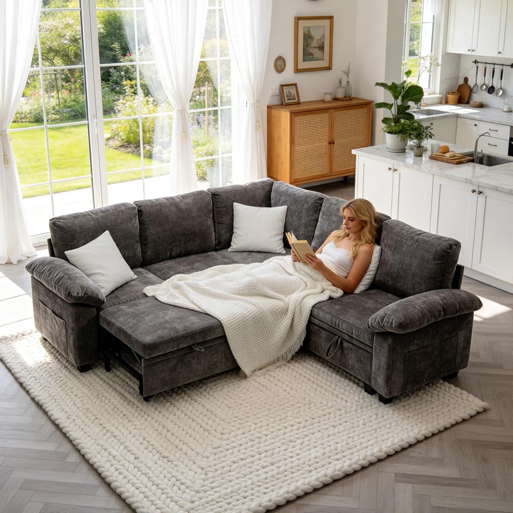 Sofa Bed, Sleeper Sofa with Pull Out Bed, L Shaped Modular Sectional Couch with Storage Ottoman, Modern Chenille Cloud Couch, Convertible Sofa Cama para Sala (Gray, 5-Seater)