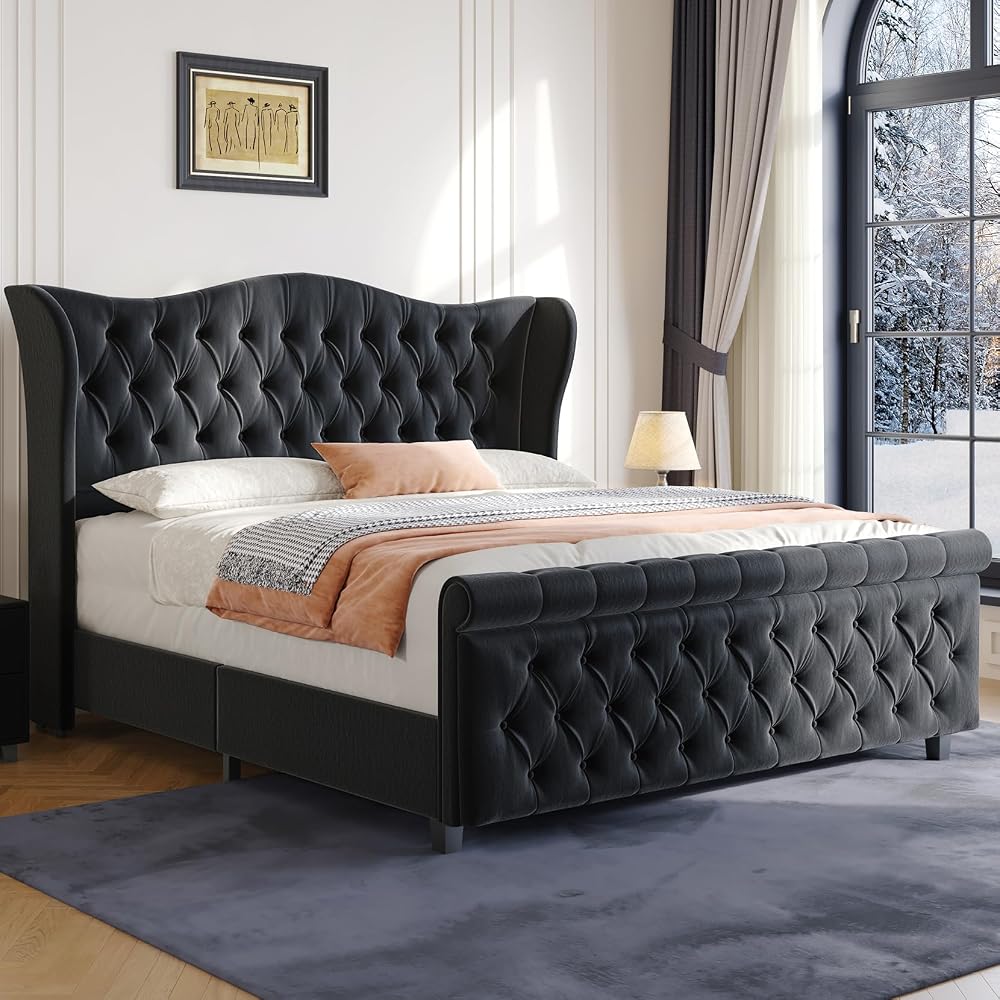 koorlian King Size Upholstered Sleigh Platform Bed Frame Wingback Headboard