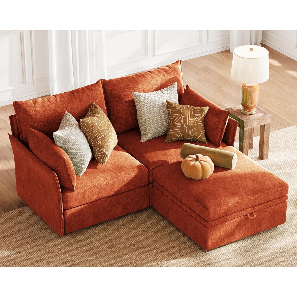 ABCASA Luxury Modular Sectional Sofa Terracotta Orange, L-Shaped 3-Seat Couch with Storage Ottoman Deep Seat Chenille & Reversible Chaise Lounge