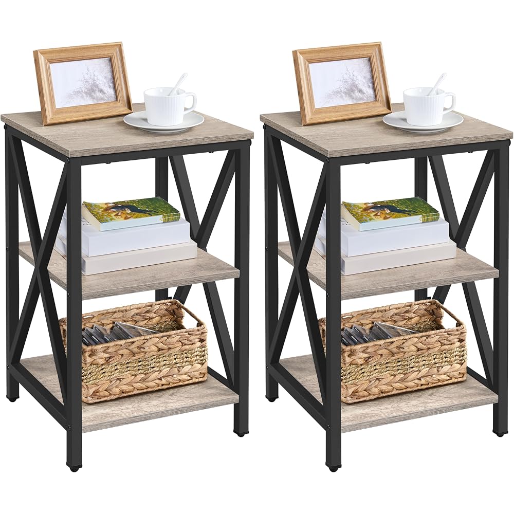 Yaheetech 3-Tier End Tables Living Room Set of 2, 16" Square Gray X-Frame