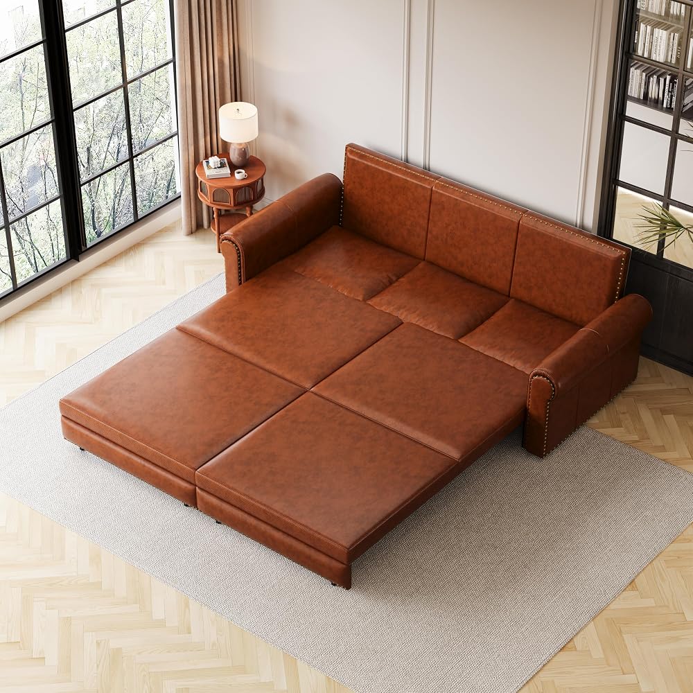 93.7" King Pull Out Chesterfield Sofa Bed 3-in-1 Faux Leather Convertible Sleeper with Nailhead Trim & Rolled Arm Multi-Functional Folding Sofa Bed for Living Room Small Space Furniture Light Brown